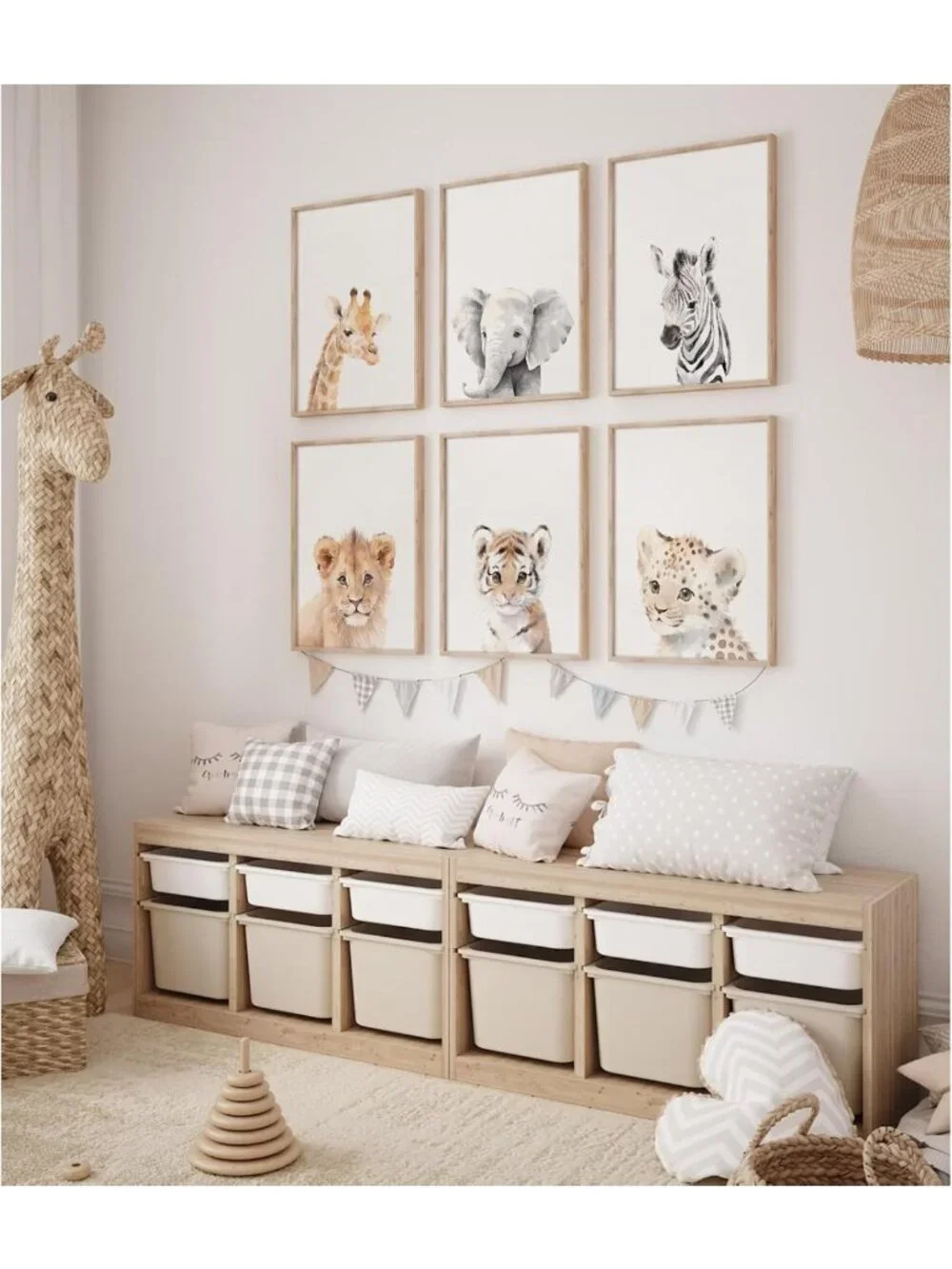 Safari Animal Wall Art Set of 6 - Jungle Nursery Decor for Baby Room, 12x16 Inch